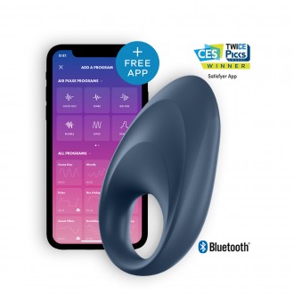 SATISFYER MIGHTY ONE RING VIBRATING RING WITH APP AND BLUETOOTH BLUE EN