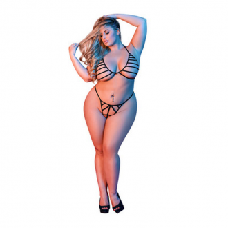 BRA AND G-STRING SET WITH STRAPS - BLACK