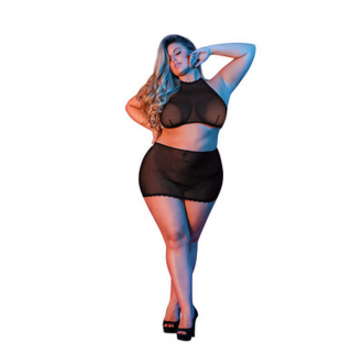POLKA DOT MESH HALTER AND SKIRT SET - BLACK