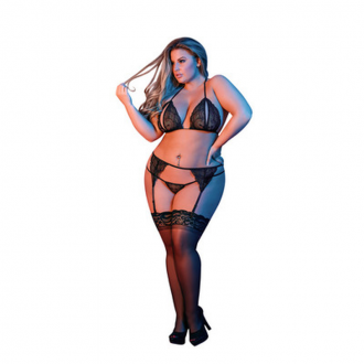 PEEK-A-BOO BRA, GARTER AND G-STRING SET - BLACK